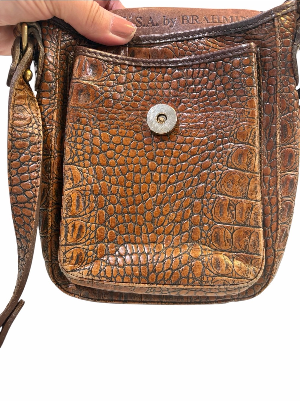 Vintage Brahmin Brown Croc-Embossed Leather Flap North South Crossbody Bag - Picture 13 of 17